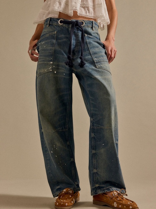 We The Free Denim - Free People We The Free Moxie Barrel Jeans Blue Paint Splatter Size 28 NWT Boho